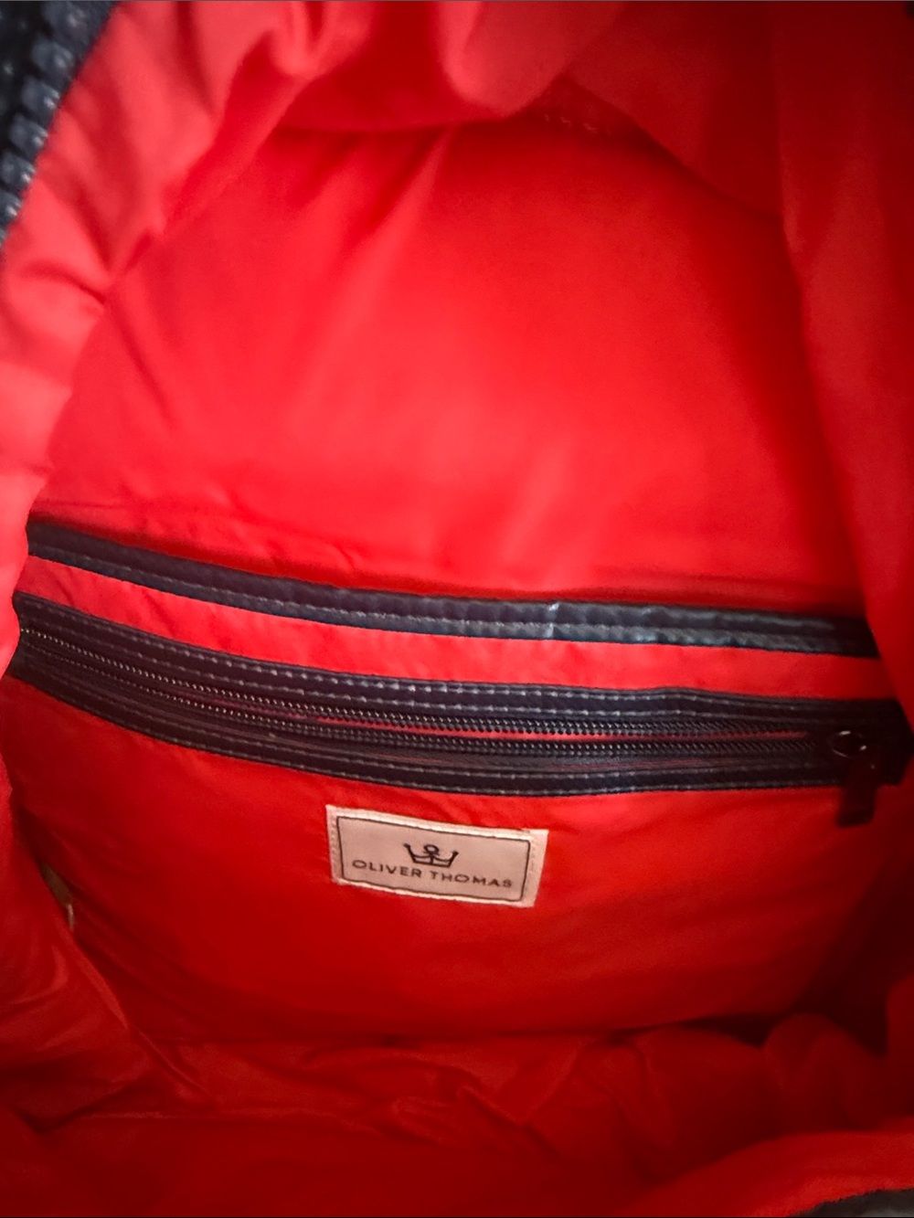 OLIVER THOMAS Quilted Backpack Black White Stripe Red Lining Washable - Picture 6 of 7